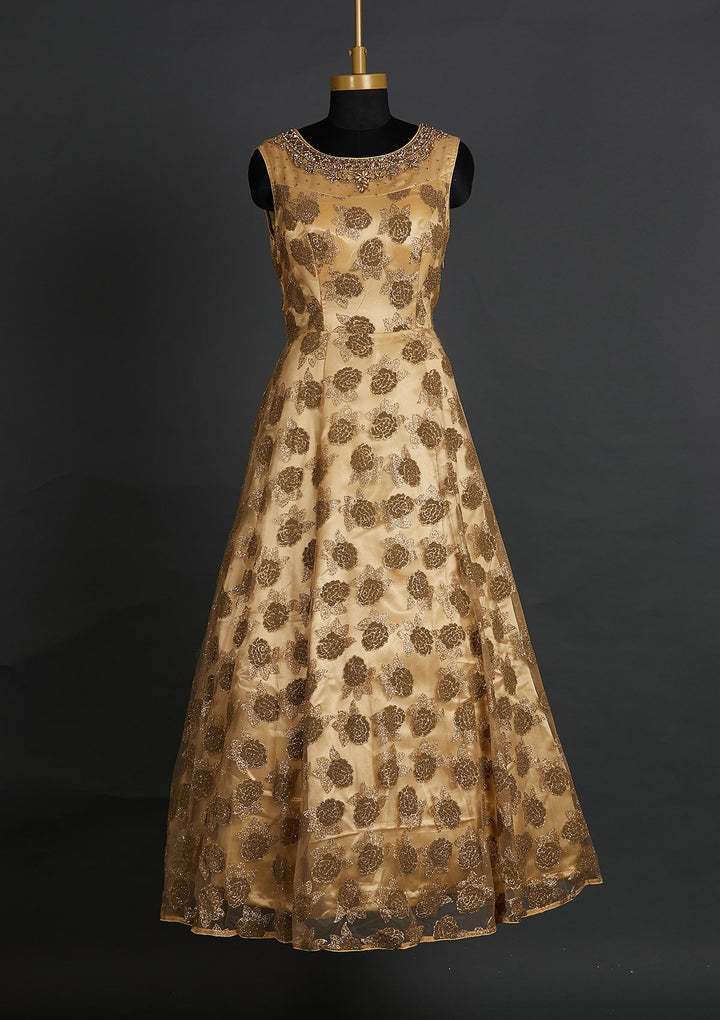 Gold Glitter Net Designer Gown - Koskii