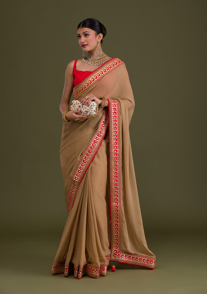 Gold Gotapatti Georgette Unstitched Saree-Koskii