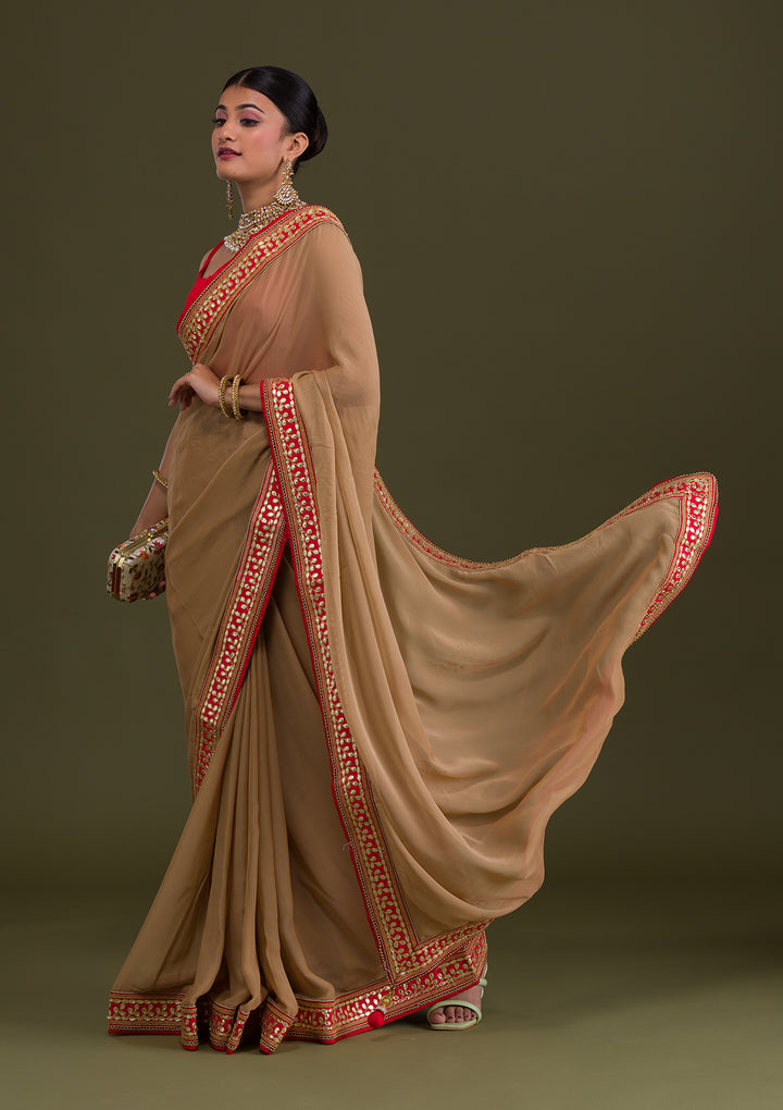 Gold Gotapatti Georgette Unstitched Saree-Koskii