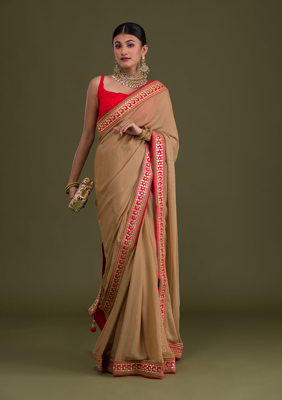 Gold Gotapatti Georgette Unstitched Saree-Koskii