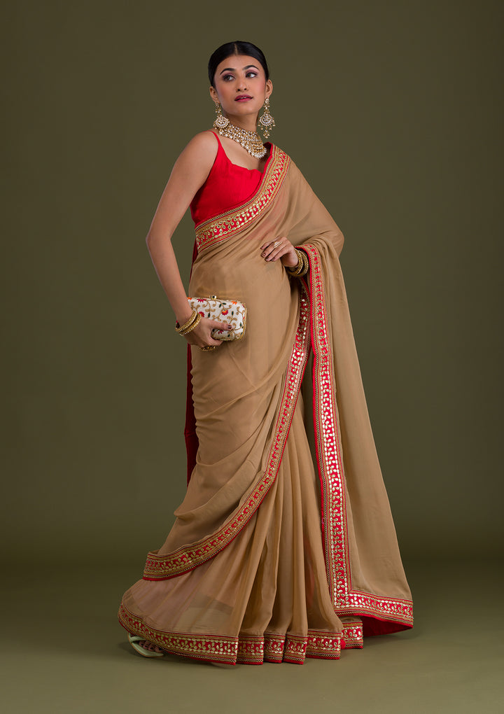 Gold Gotapatti Georgette Unstitched Saree-Koskii