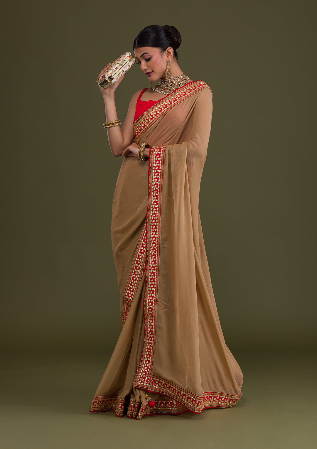 Gold Gotapatti Georgette Unstitched Saree-Koskii