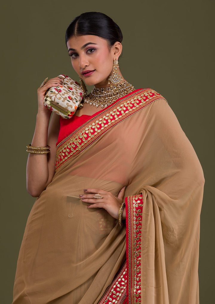 Gold Gotapatti Georgette Unstitched Saree-Koskii