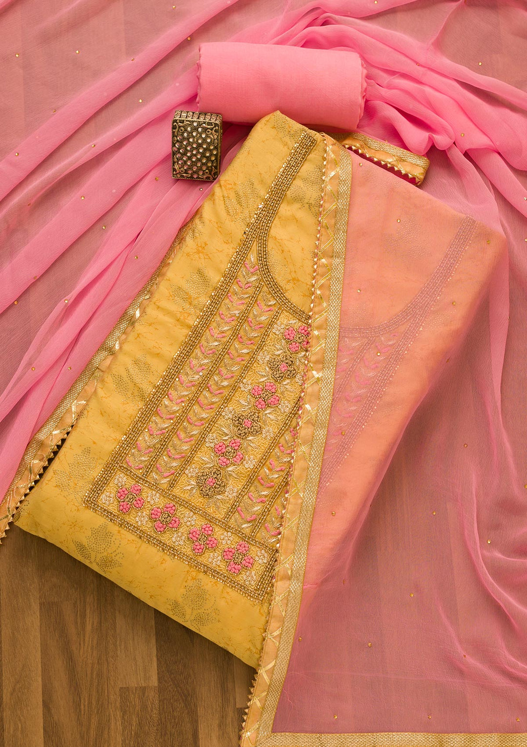 Gold Pearlwork Semi Crepe Unstitched Salwar Suit-Koskii