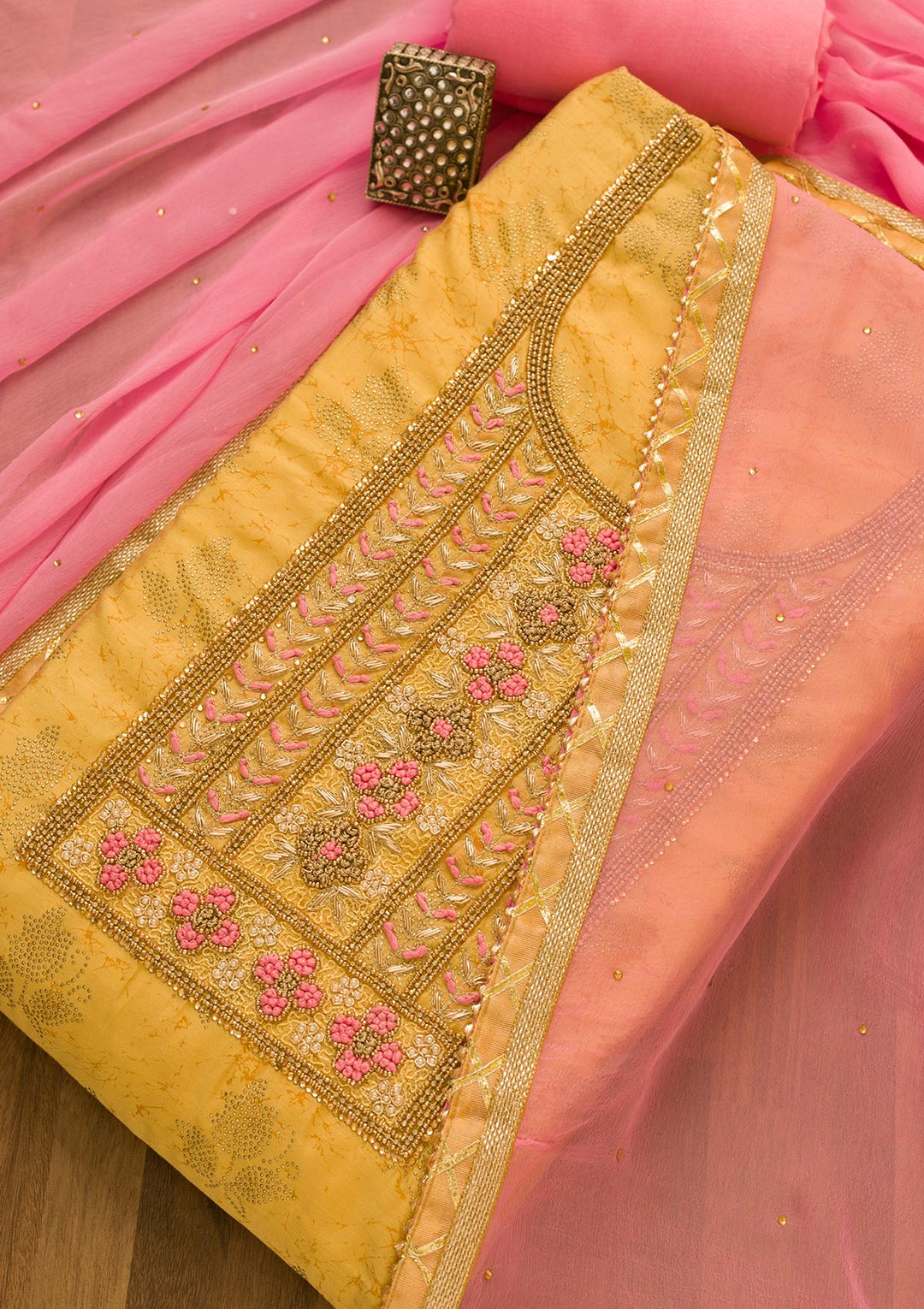 Gold Pearlwork Poly Chanderi Unstitched Salwar Suit-Koskii