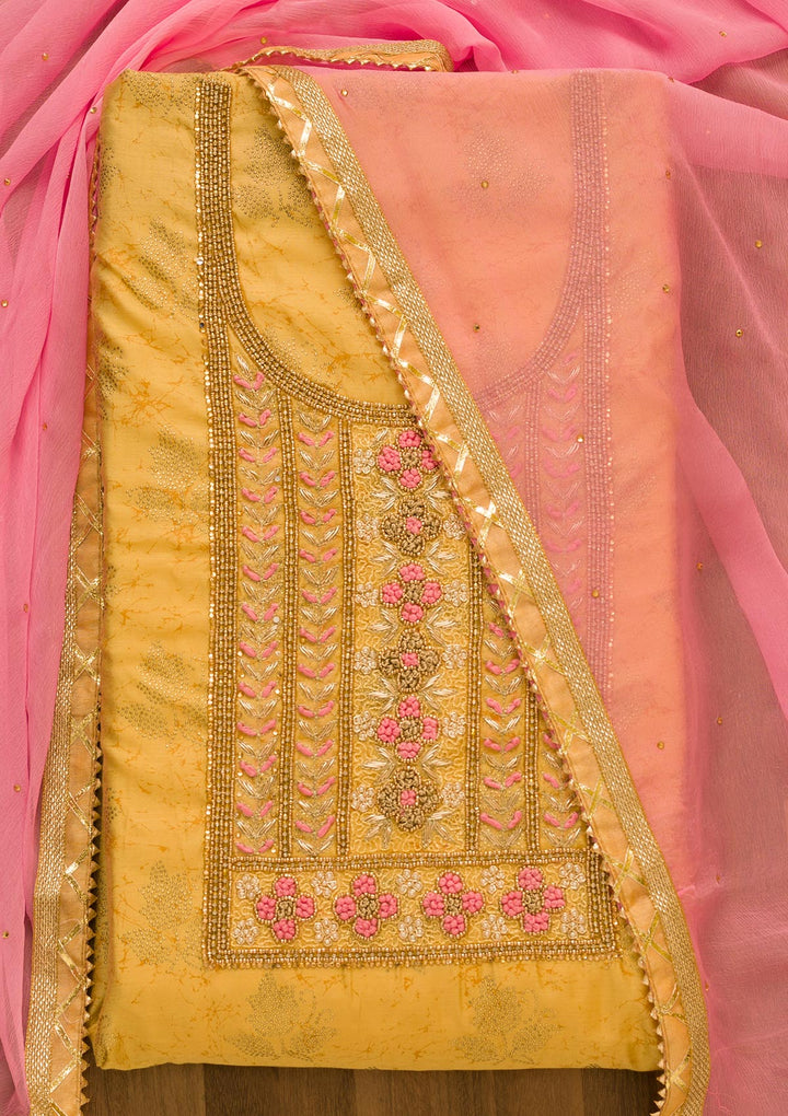 Gold Pearlwork Poly Chanderi Unstitched Salwar Suit-Koskii