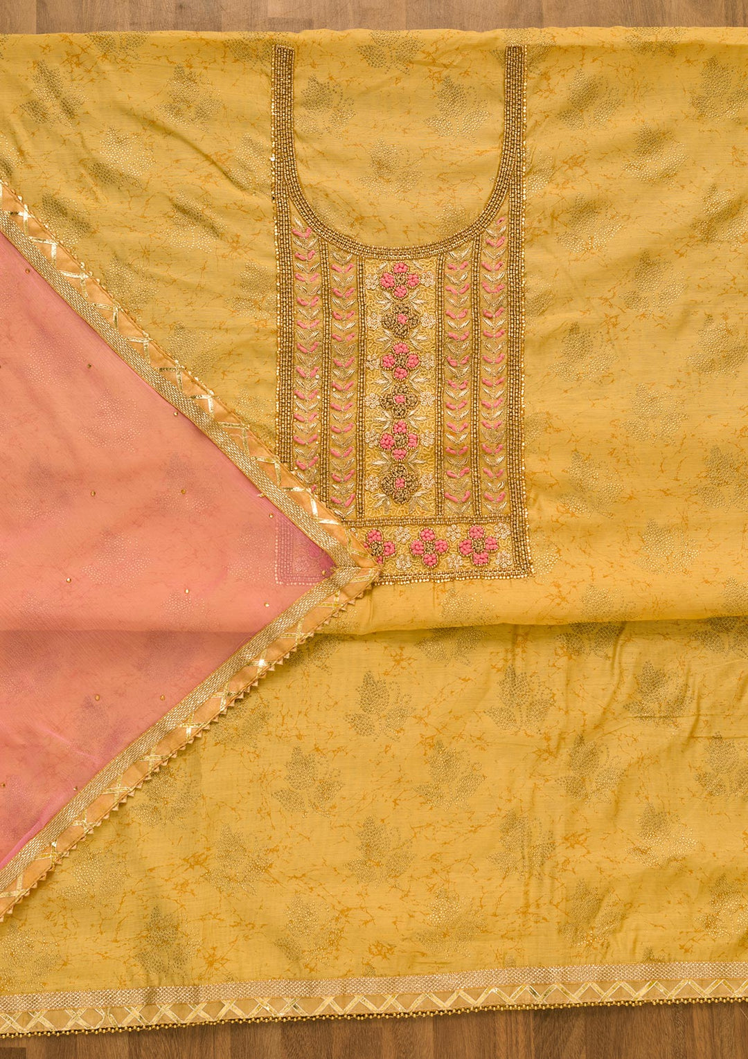 Gold Pearlwork Poly Chanderi Unstitched Salwar Suit-Koskii