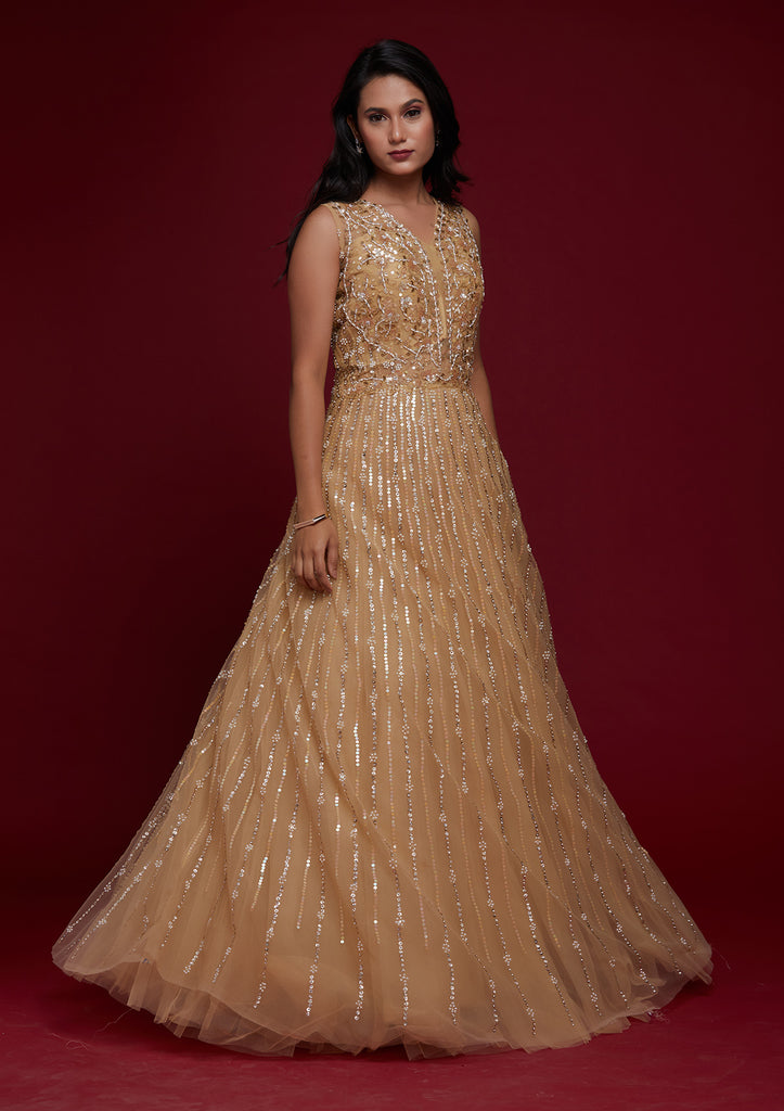 Buy Gold Taffeta Silk Hand Embroidered Sequin And Cut Dana Flared Gown For  Women by Tamaraa By Tahani Online at Aza Fashions.