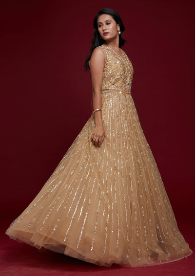 Gold Sequins Raw Silk Designer Gown - Koskii