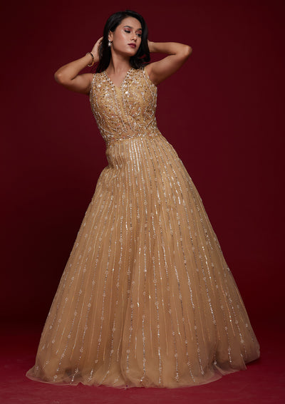Gold Sequins Raw Silk Designer Gown - Koskii