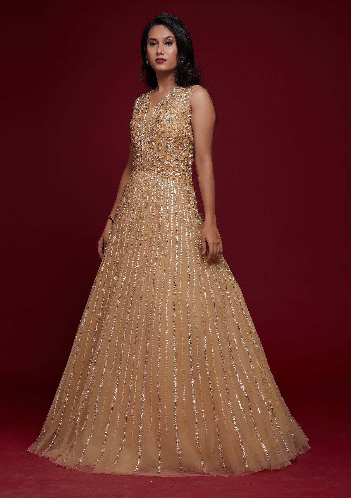 Gold Sequins Raw Silk Designer Gown - Koskii