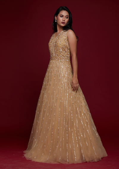 Gold Sequins Raw Silk Designer Gown - Koskii