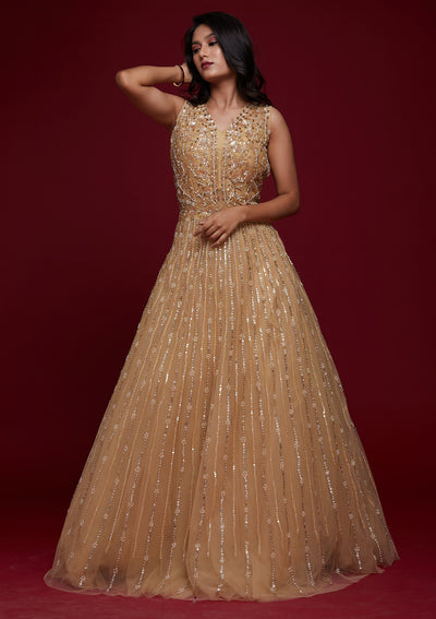 Gold Sequins Raw Silk Designer Gown - Koskii