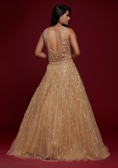 Gold Sequins Raw Silk Designer Gown - Koskii