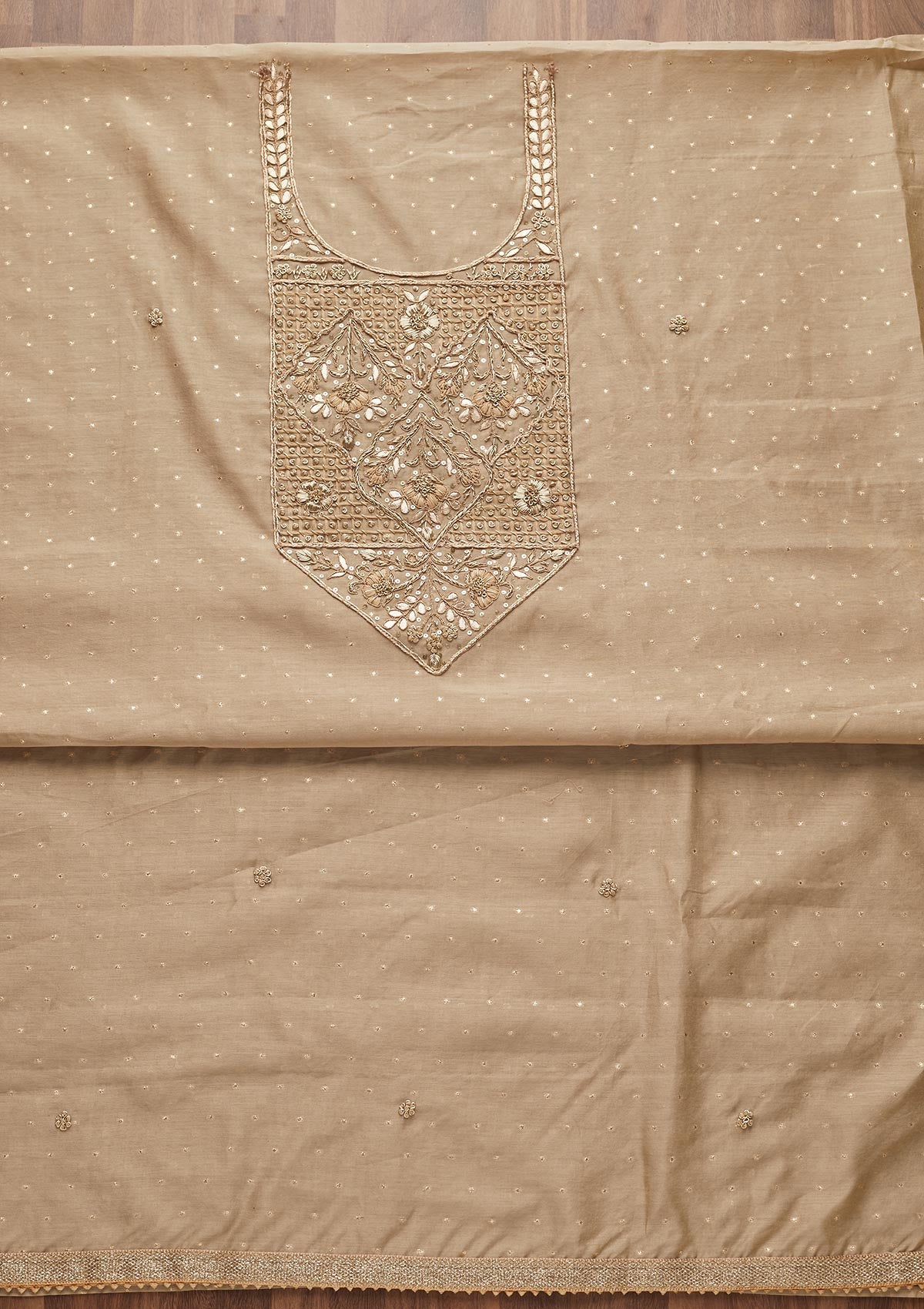 Gold Sequins Semi Crepe Unstitched Salwar Suit-Koskii