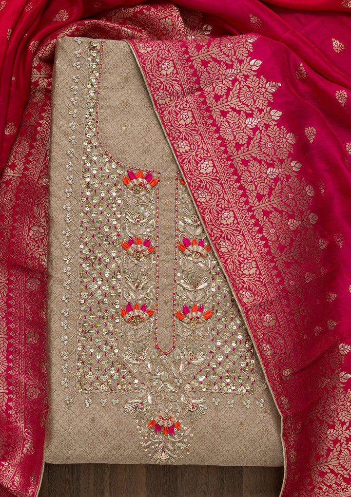 Gold Sequins Semi Crepe Unstitched Salwar Suit-Koskii
