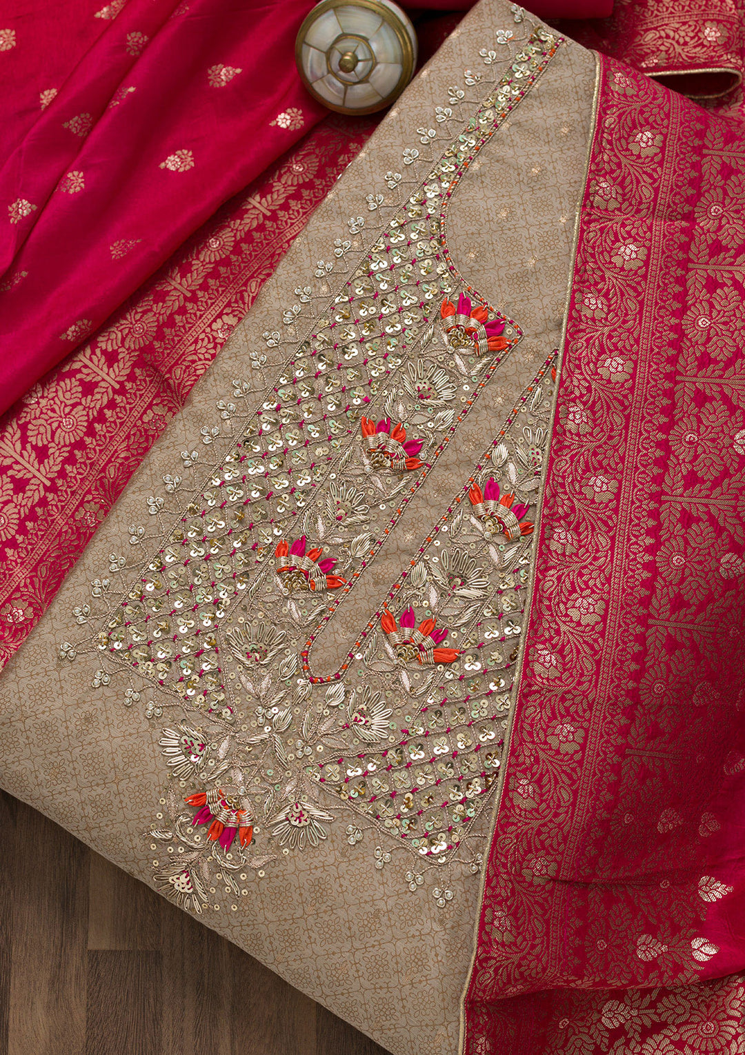 Gold Sequins Semi Crepe Unstitched Salwar Suit-Koskii