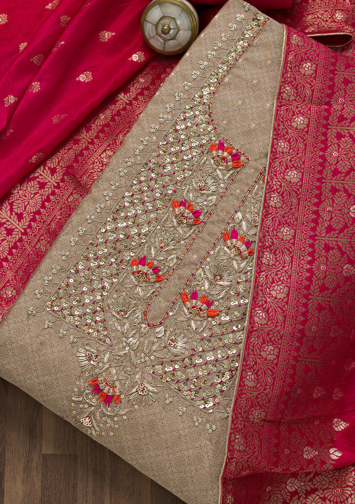 Gold Sequins Semi Crepe Unstitched Salwar Suit-Koskii