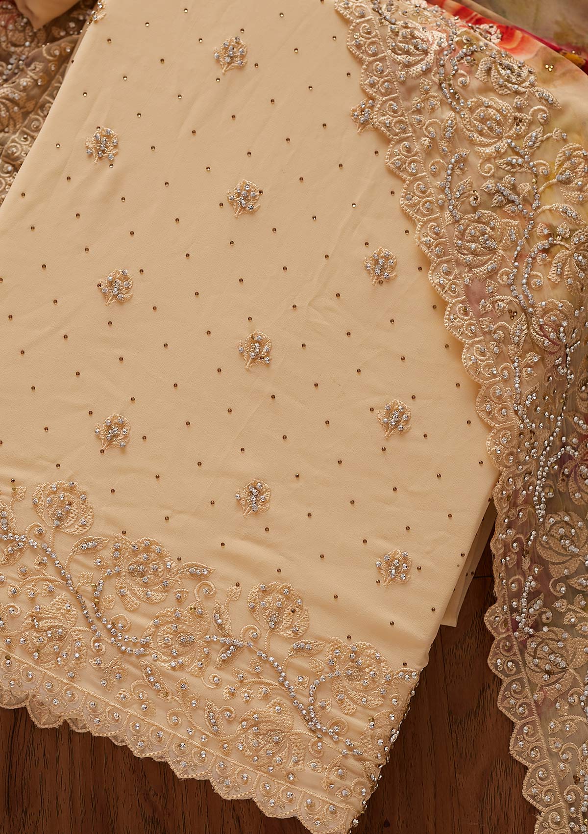 Gold Silver Stonework Georgette Designer Unstitched Salwar Suit - koskii