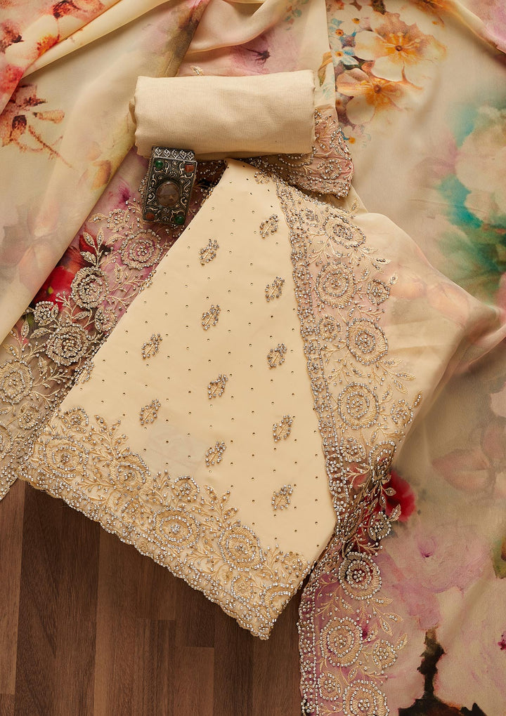 Gold Silver Stonework Georgette Unstitched Salwar Suit-Koskii