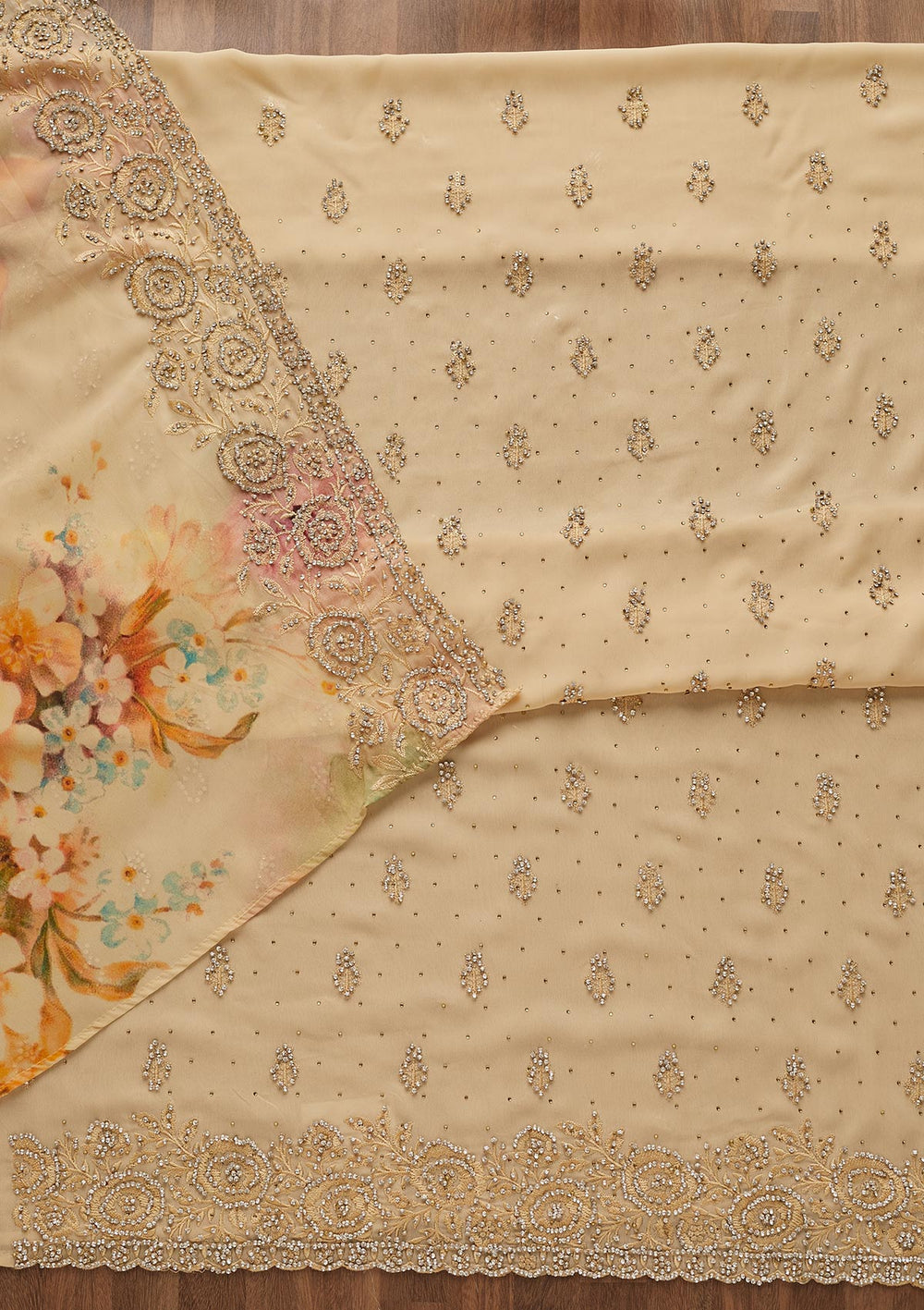 Gold Silver Stonework Georgette Unstitched Salwar Suit-Koskii