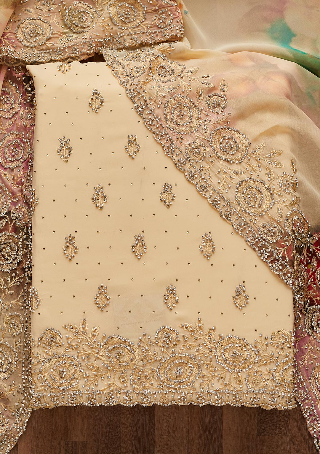 Gold Silver Stonework Georgette Unstitched Salwar Suit-Koskii