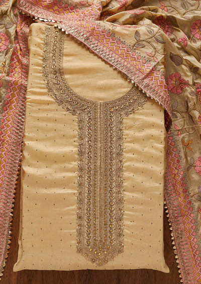 Gold Stonework Art Silk Designer Unstitched Salwar Suit - koskii