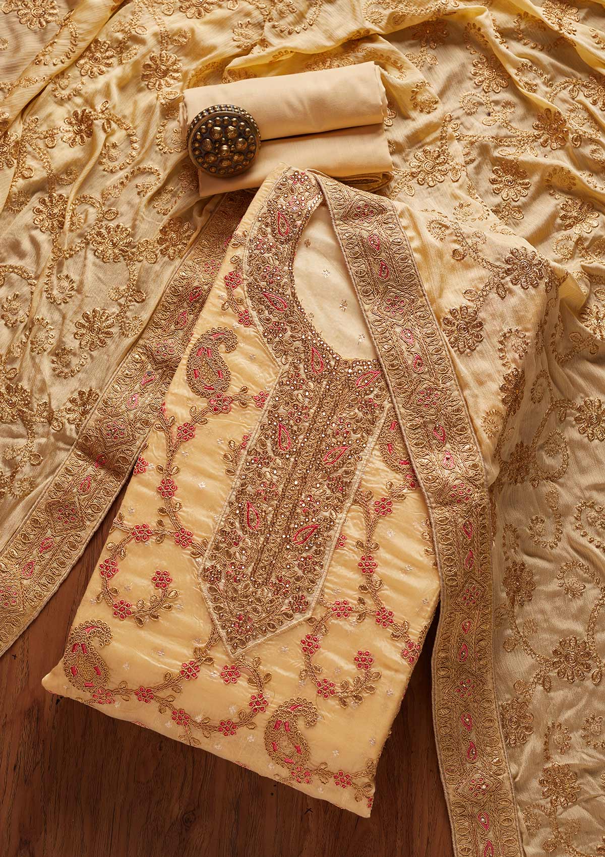 Gold Stonework Chanderi Designer Unstitched Salwar Suit - koskii