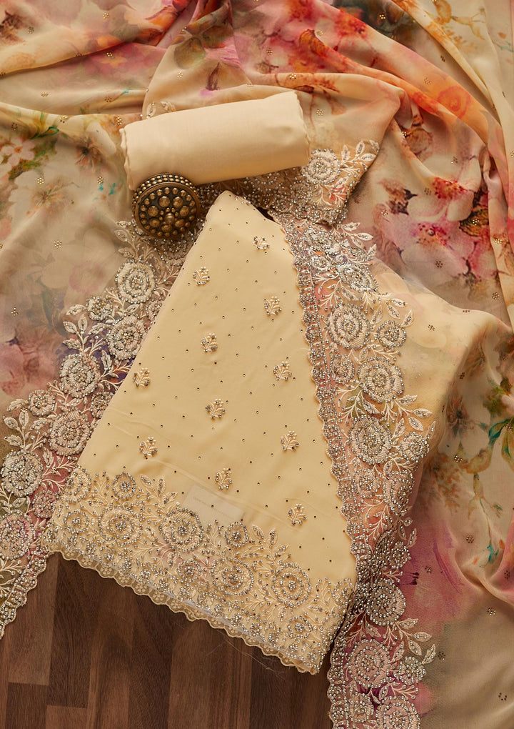 Gold Stonework Georgette Unstitched Salwar Suit- Koskii