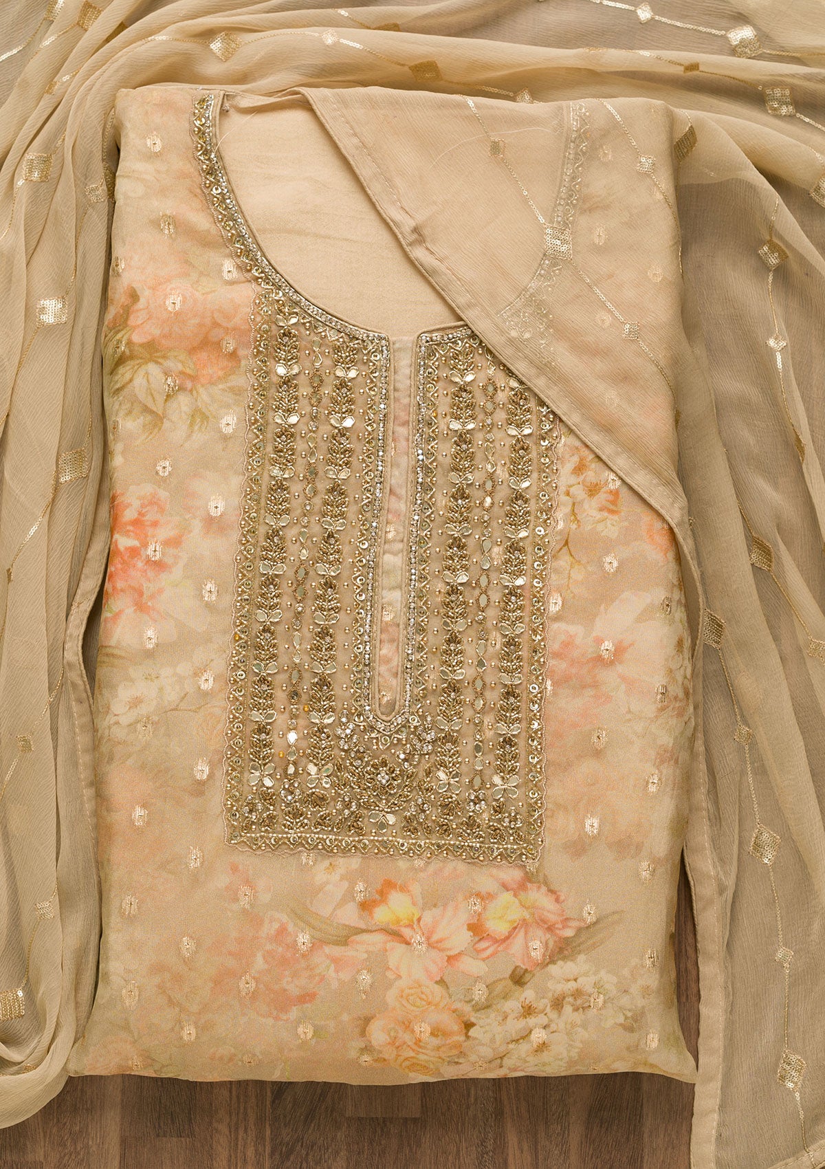 Gold Stonework Georgette Unstitched Salwar Suit-Koskii