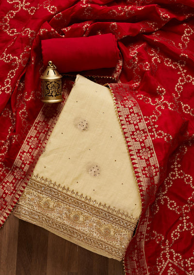 Gold Stonework Semi Crepe Unstitched Salwar Suit- Koskii
