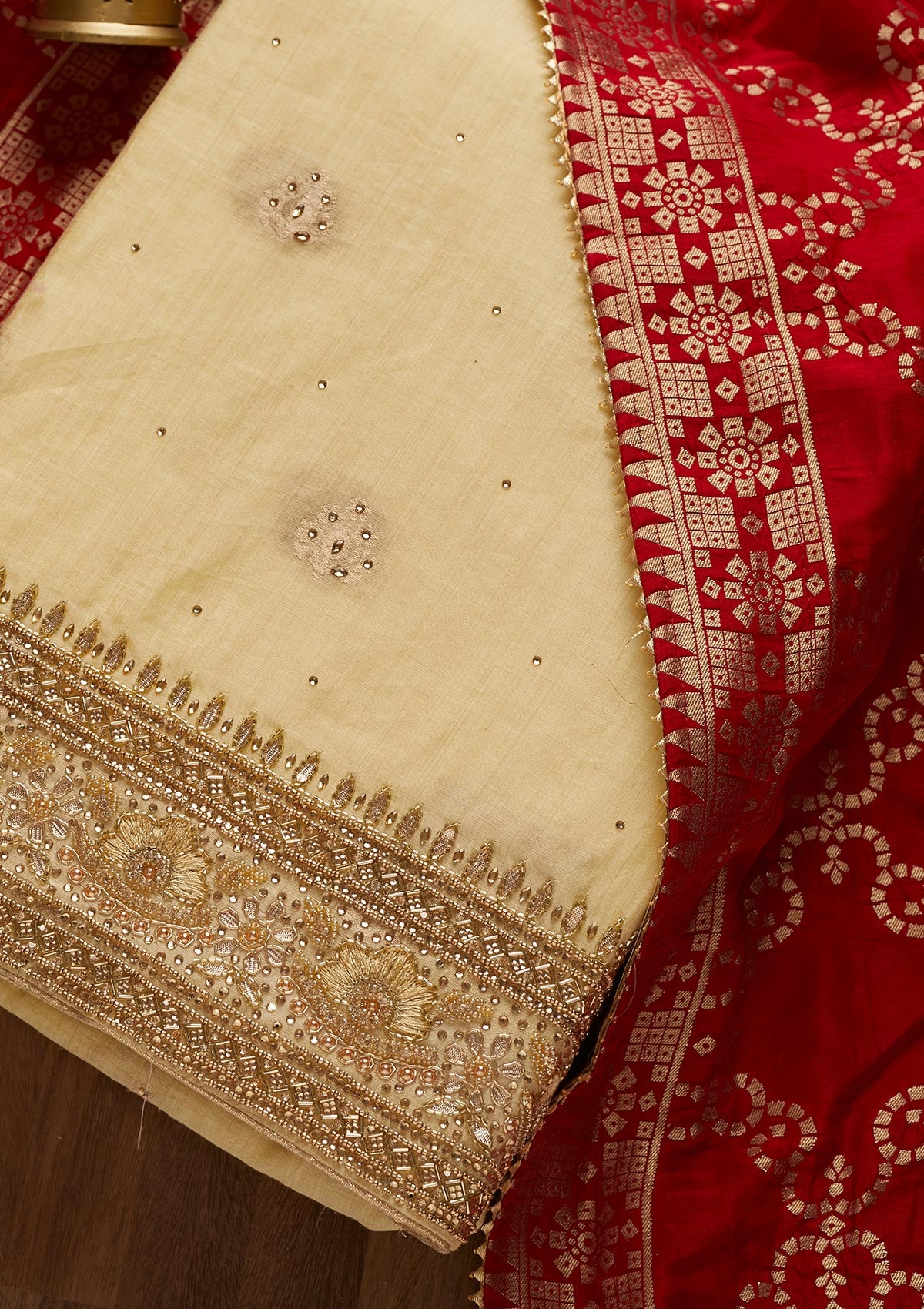 Gold Stonework Semi Crepe Unstitched Salwar Suit - Koskii