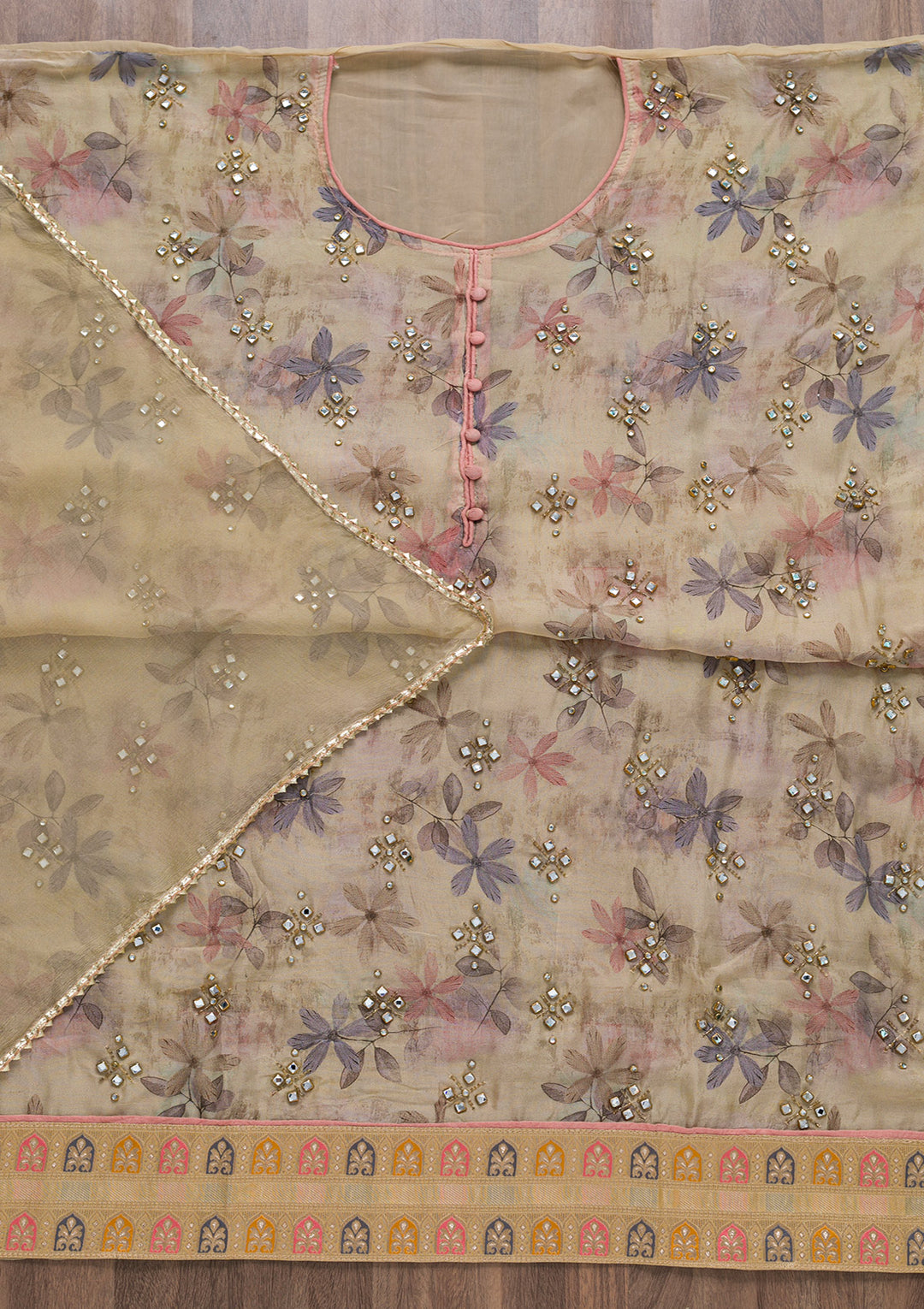 Gold Semi Crepe Stonework Unstitched Salwar Suit-Koskii