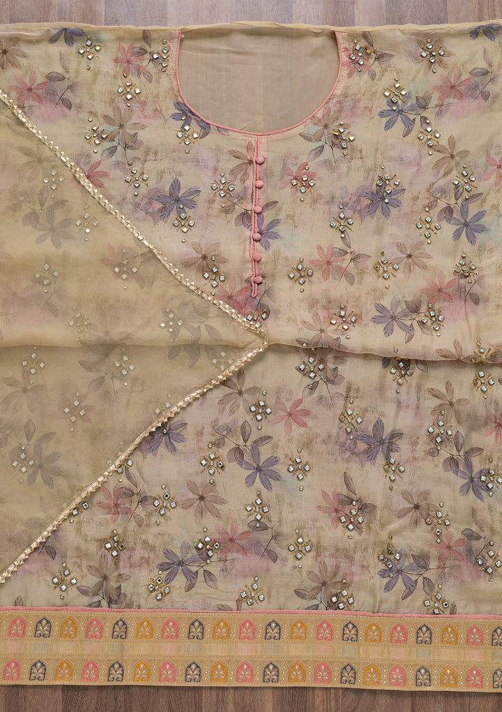 Gold Semi Crepe Stonework Unstitched Salwar Suit-Koskii