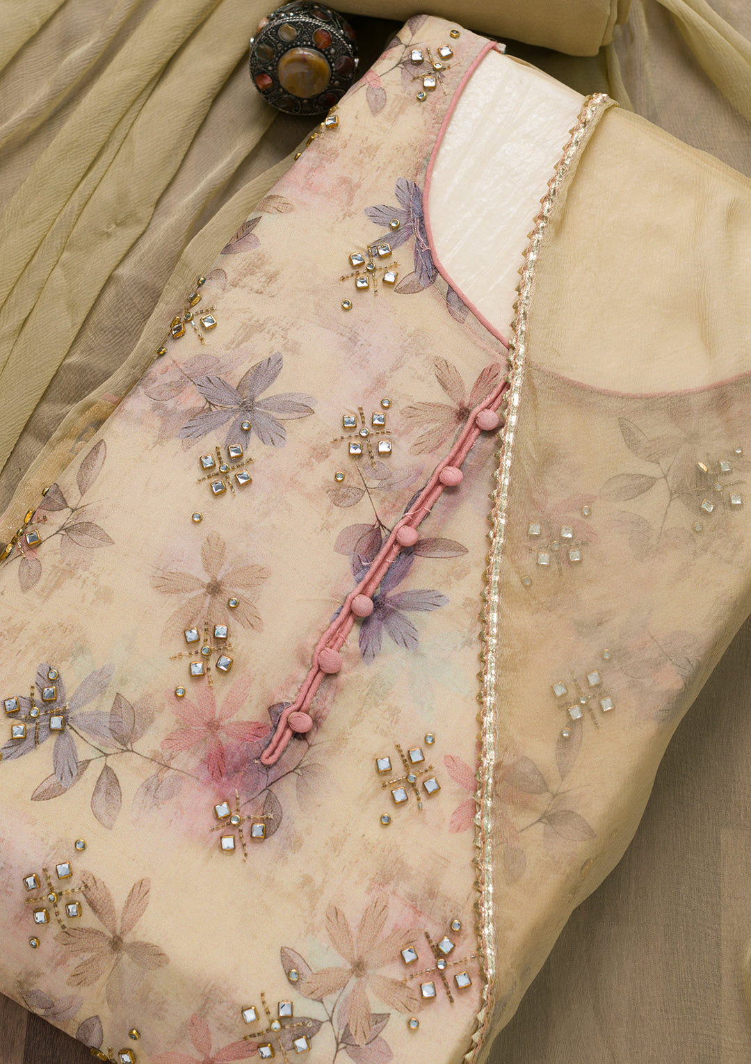 Gold Semi Crepe Stonework Unstitched Salwar Suit-Koskii