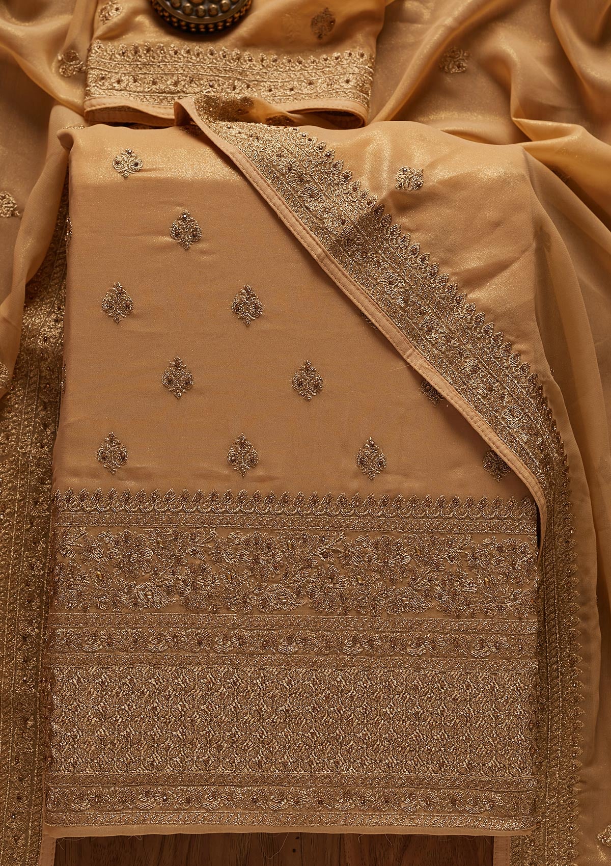Gold Stonework Shimmer Designer Unstitched Salwar Suit - koskii