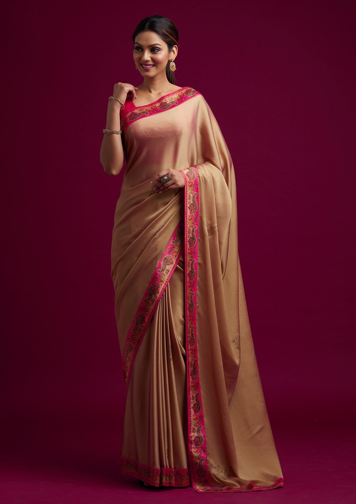 Gold Swarovski Semi Crepe Designer Saree - koskii