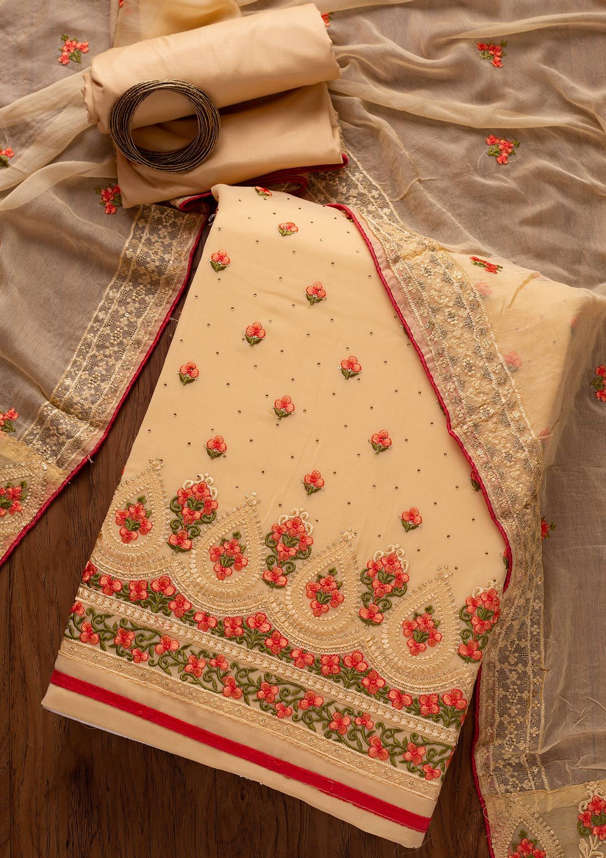 Gold Threadwork Georgette Designer Unstitched Salwar Suit - koskii