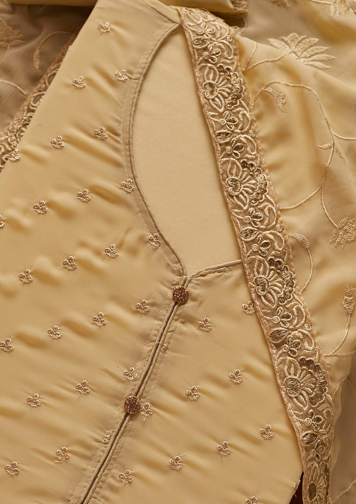 Gold Threadwork Georgette Designer Unstitched Salwar Suit - koskii