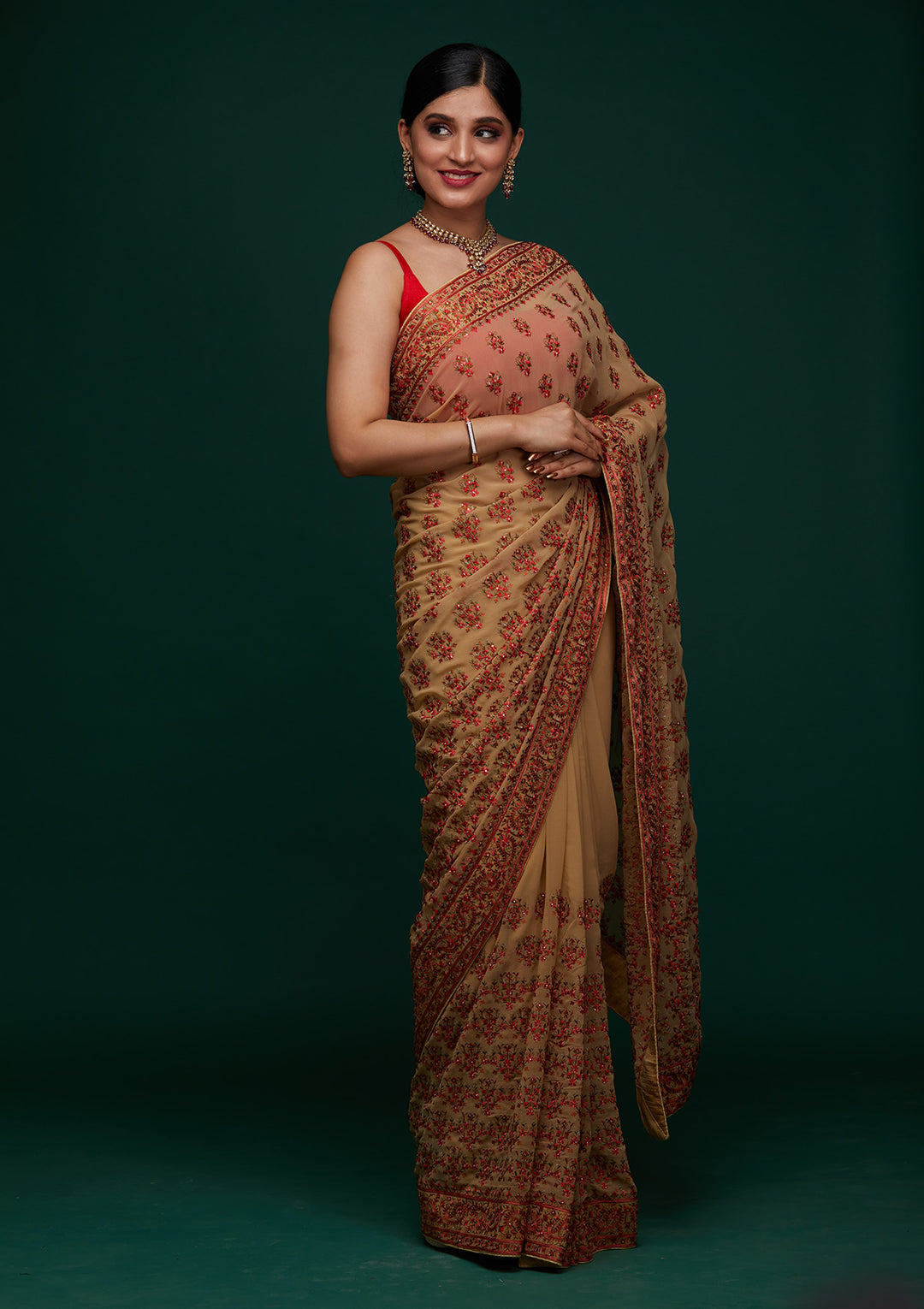Gold Threadwork Georgette Designer Saree - Koskii