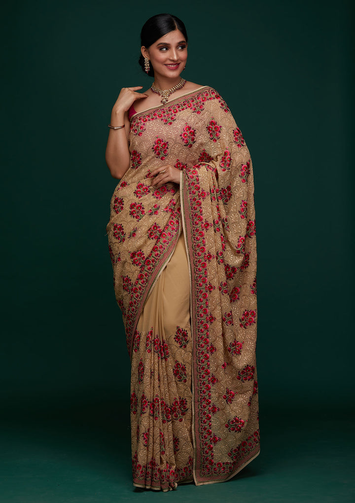 Gold Threadwork Georgette Designer Saree - Koskii