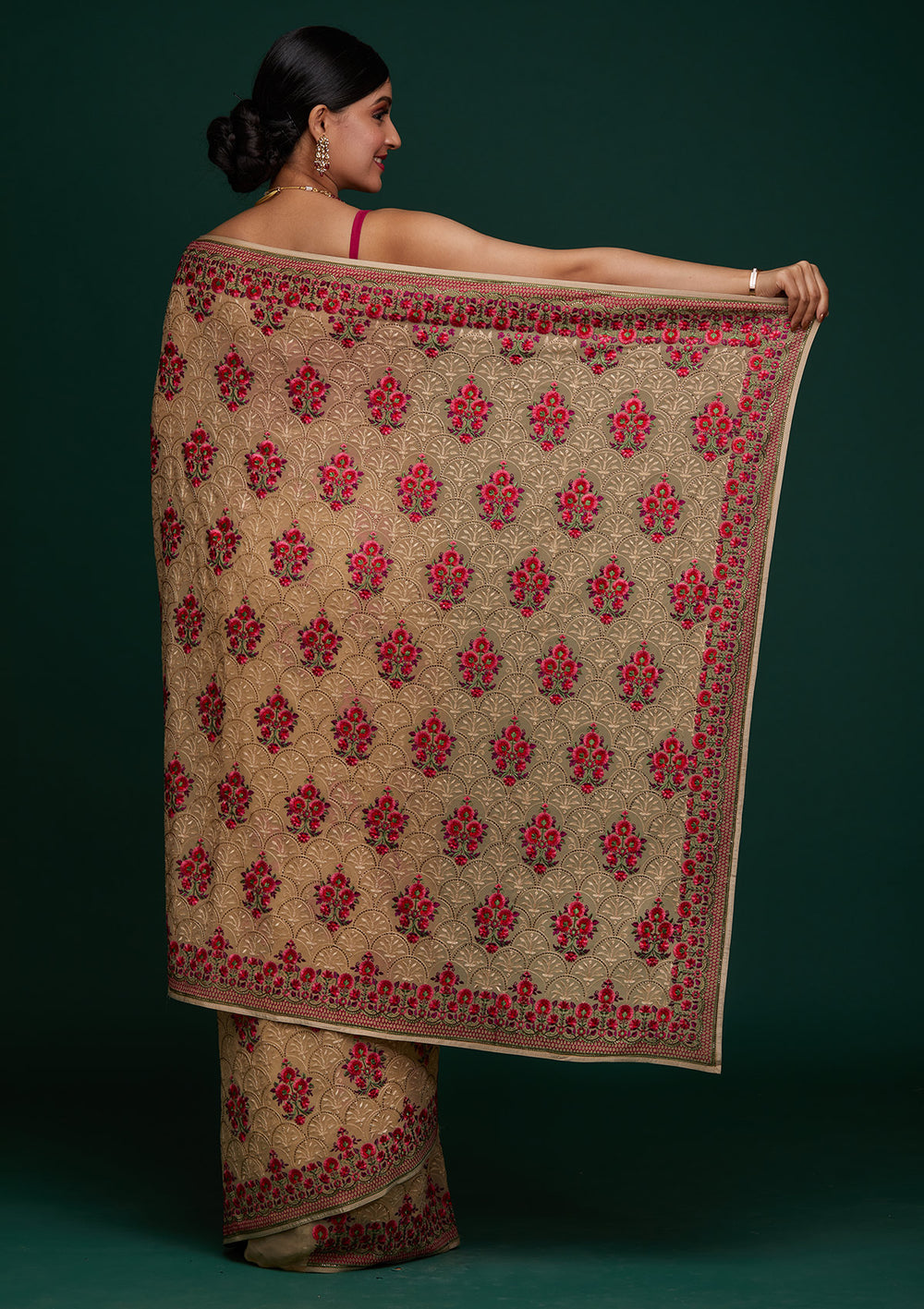 Gold Threadwork Georgette Designer Saree - Koskii