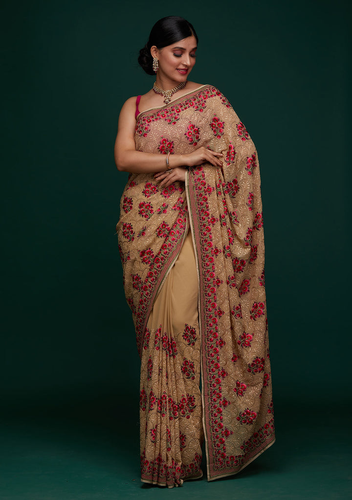 Gold Threadwork Georgette Designer Saree - Koskii