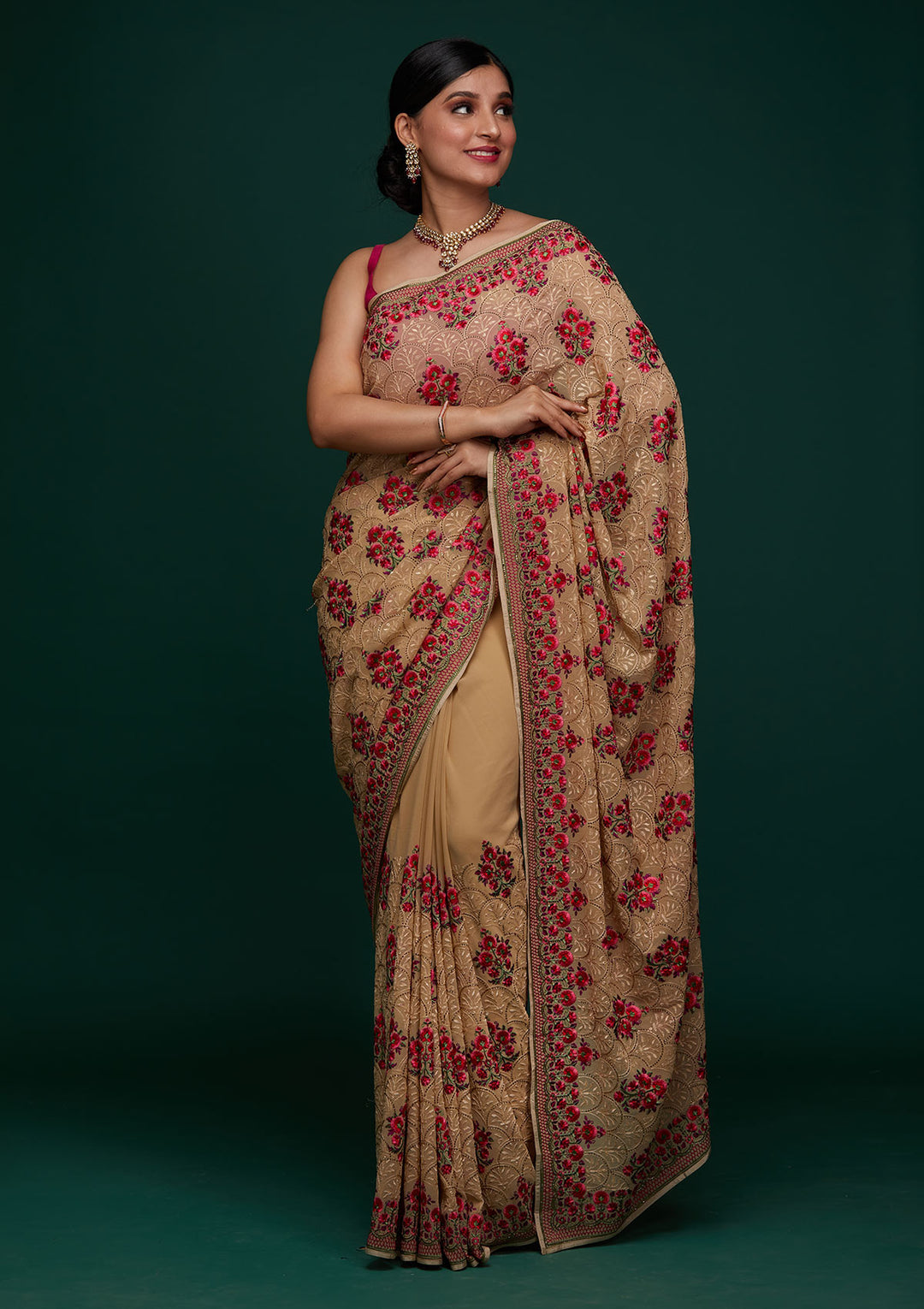 Gold Threadwork Georgette Designer Saree - Koskii