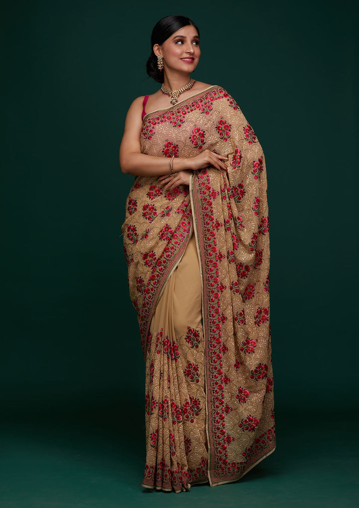 Gold Threadwork Georgette Designer Saree - Koskii