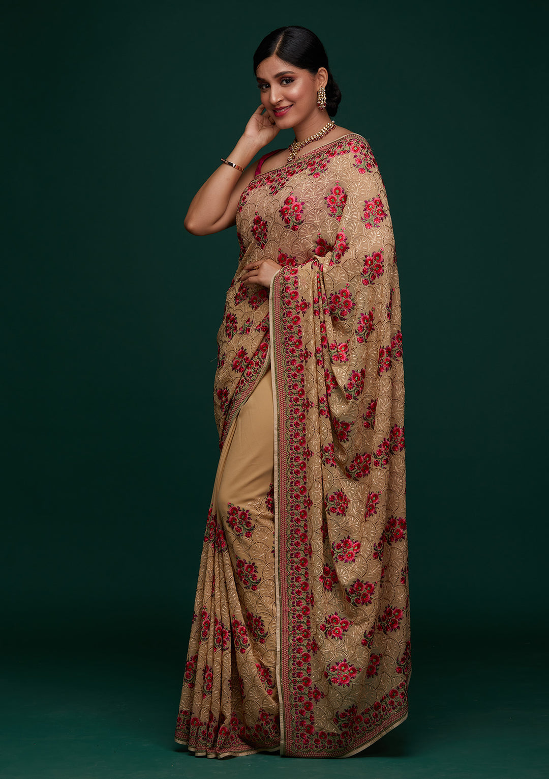Gold Threadwork Georgette Designer Saree - Koskii