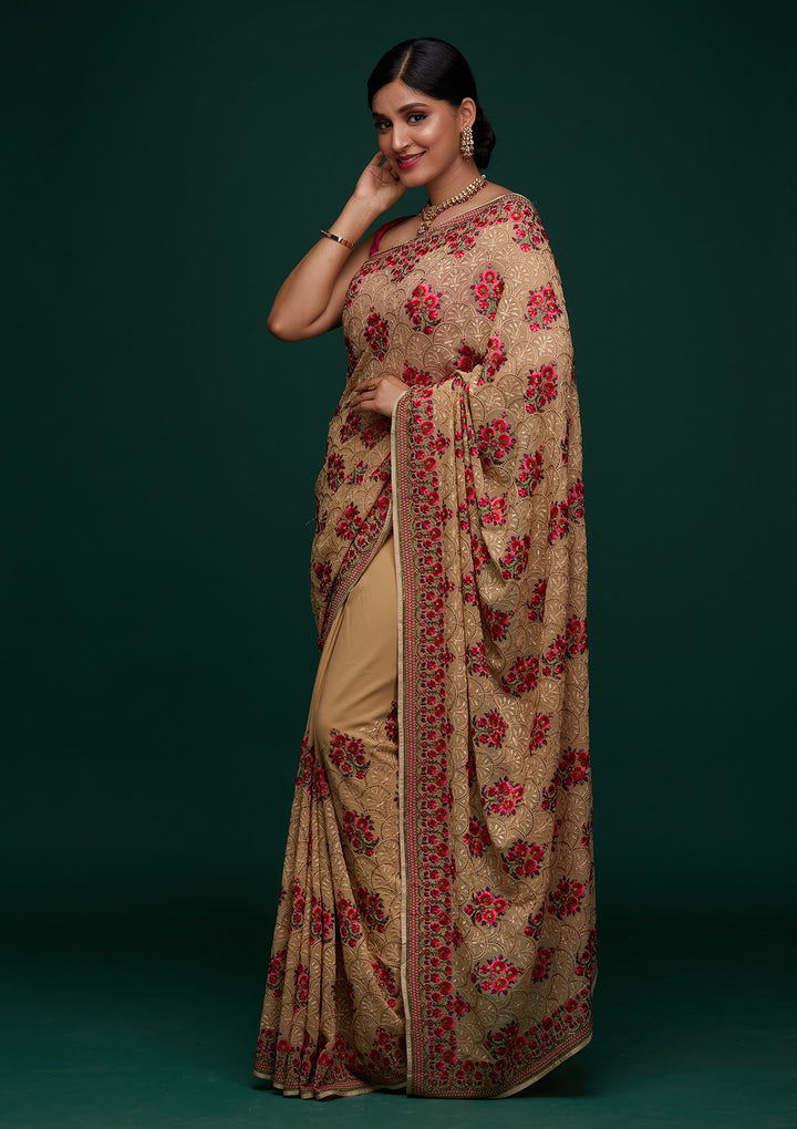 Gold Threadwork Georgette Designer Saree - Koskii