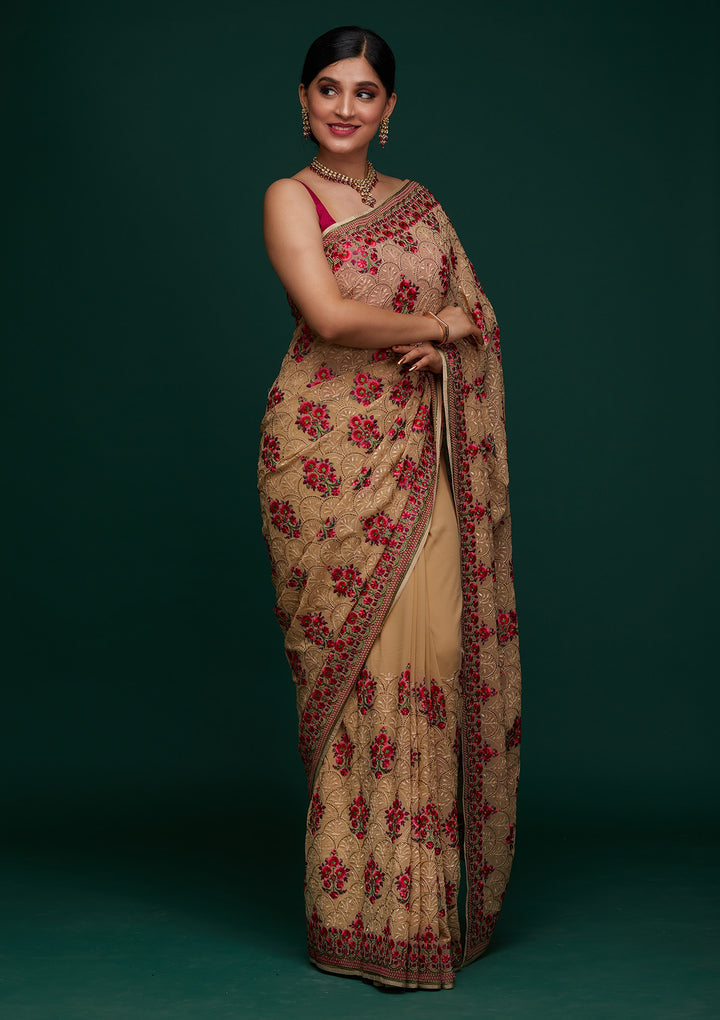 Gold Threadwork Georgette Designer Saree - Koskii