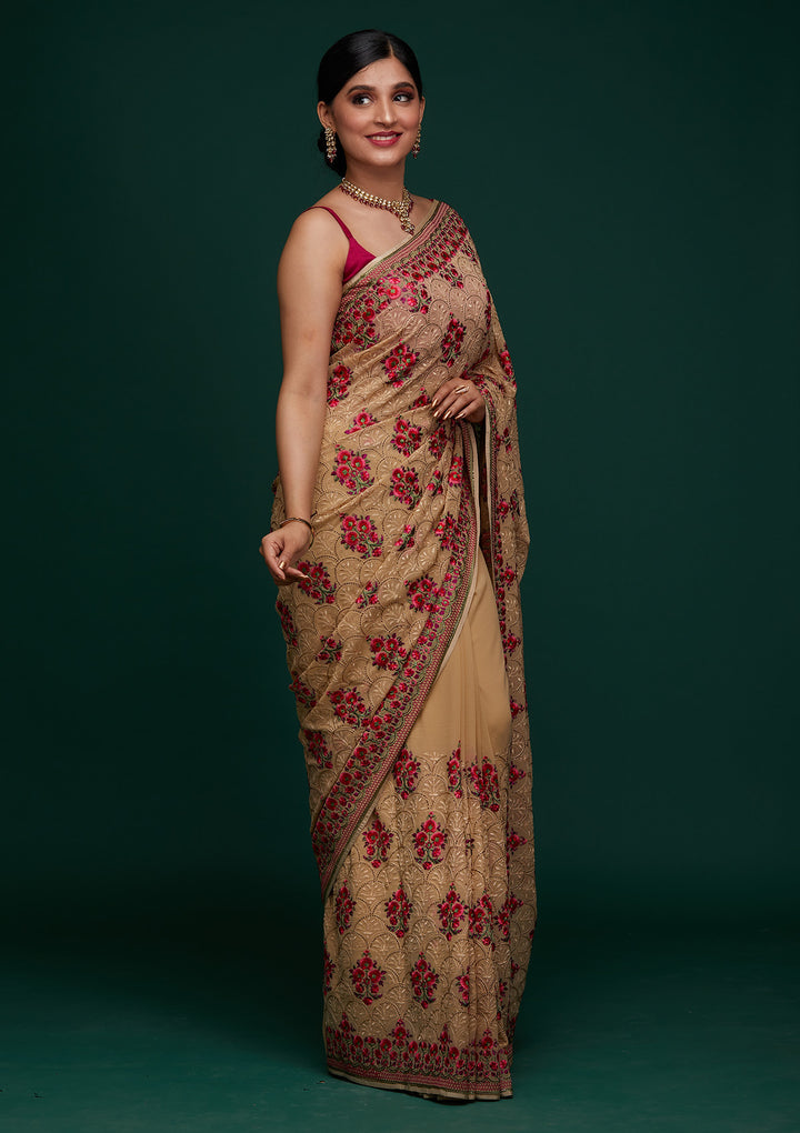 Gold Threadwork Georgette Designer Saree - Koskii