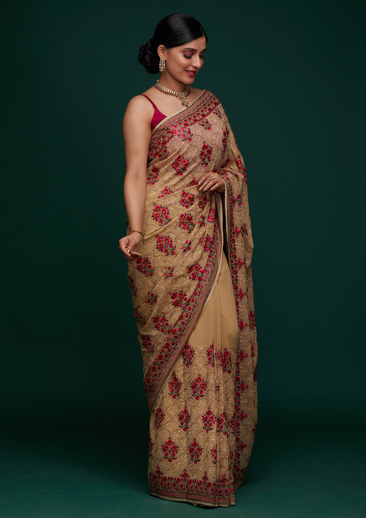 Gold Threadwork Georgette Designer Saree - Koskii